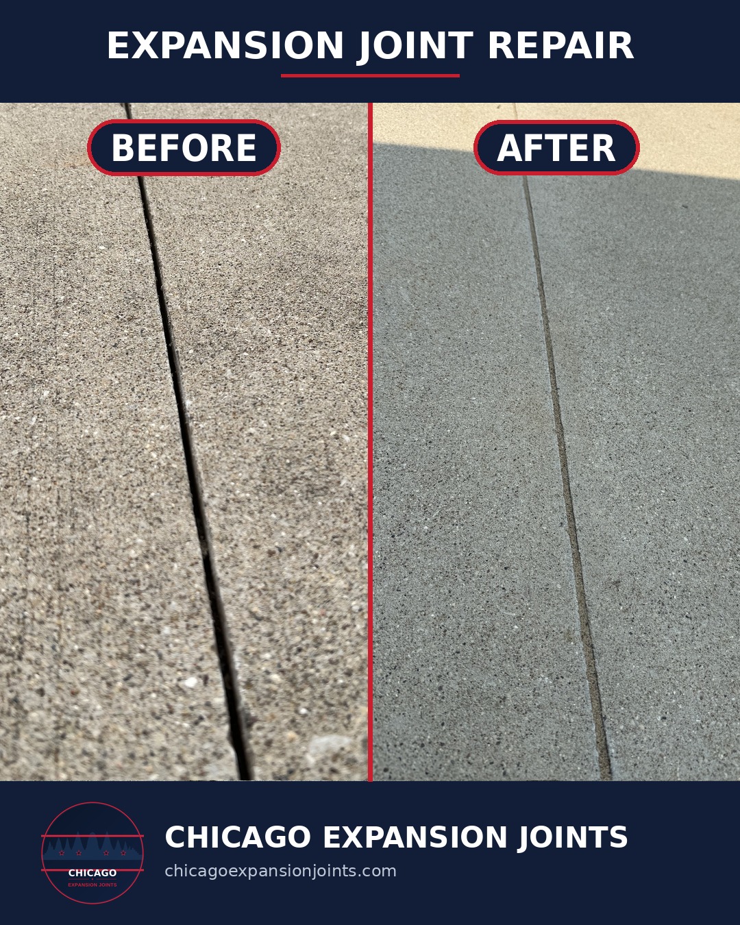 Before and after: failed expansion joint resealed on a Naperville-area driveway
